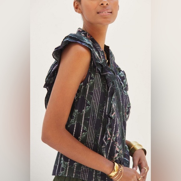 Anthropologie Pilcro Black Floral Motif w/ Silver metallic threading + Ruffles - Picture 3 of 15